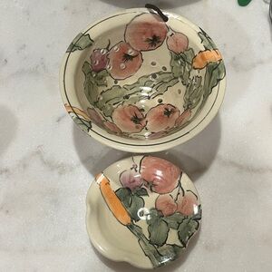 Artistic VTG Studio Art Ceramic Colander with Scalloped plate Signed by Artist